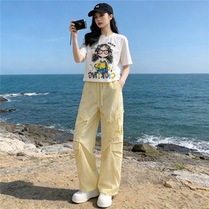 甜美时尚休闲套装女夏季新款圆领卡通印花T恤宽松工装长裤两件套图片