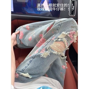 满印破洞牛仔裤男女夏季2026新款美式高街vibe裤子宽松阔腿裤百搭图片