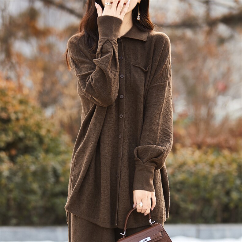 春装新款精纺细支羊毛衫女POLO领针织开衫纯色休闲套装阔腿裤薄款，女装套装/套裙，东远绒业