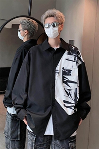 wassup happy新中式长袖衬衫男款春秋季宽松国风潮流拼接休闲衬衣图片