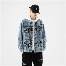 jk823-p90--限价128  无影墙牛仔夹克肥仔秋款量足印花大码图片