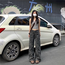 美式迷彩直筒牛仔裤女2025年夏季小个子高腰宽松显瘦阔腿裤新款，男装牛仔裤，星座1210-1