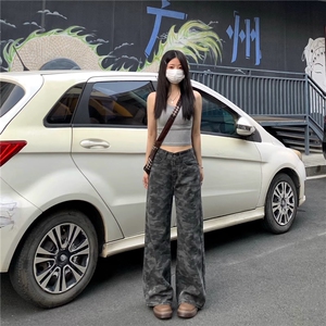 美式迷彩直筒牛仔裤女2025年夏季小个子高腰宽松显瘦阔腿裤新款