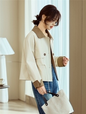 米色撞色短款女士风衣夹克2026早春新款小个子气质休闲英伦风外套，女装短外套，梦懿尔