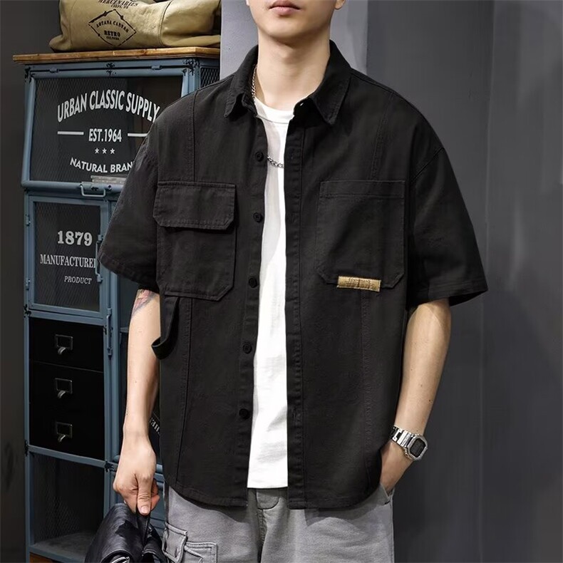 工装衬衫男士夏季青少年美式宽松2025新款休闲潮流短袖衬衣男装,男装T恤,星座1210-1