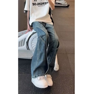美式复古水洗做旧男女潮牌解构设计感牛仔阔腿弯刀裤S9181 P46图片
