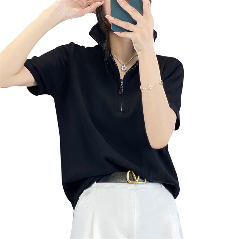 2025夏季拉链半开领短袖t恤女纯棉针织显瘦宽松气质翻领T恤上衣夏,女装T恤,丽特绒