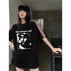 抖音得物品质二开240克宽松纯棉美式潮牌印花三条杠中性风短袖T恤，男装T恤，电商A486