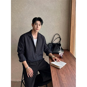 高支全棉假两件长袖衬衫设计感复古男士套头式 C61329-TP4589图片