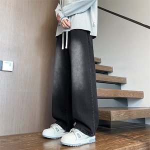春秋季新款水洗牛仔裤男阔腿裤直筒裤长裤图片