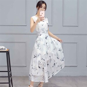 2022年夏季时尚气质简约圆领套头无袖印花中长款，女装连衣裙，卡杰菲