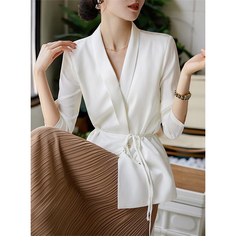 法式缎面西装衬衫小个子百搭休闲上衣宽松系带长袖2025秋冬，女装衬衫，梦白服饰厂