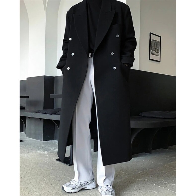 原版~韩系秋冬黑色毛呢大衣男休闲正肩过膝长款风衣外套Y982-P125,男装风衣,星座1004-3
