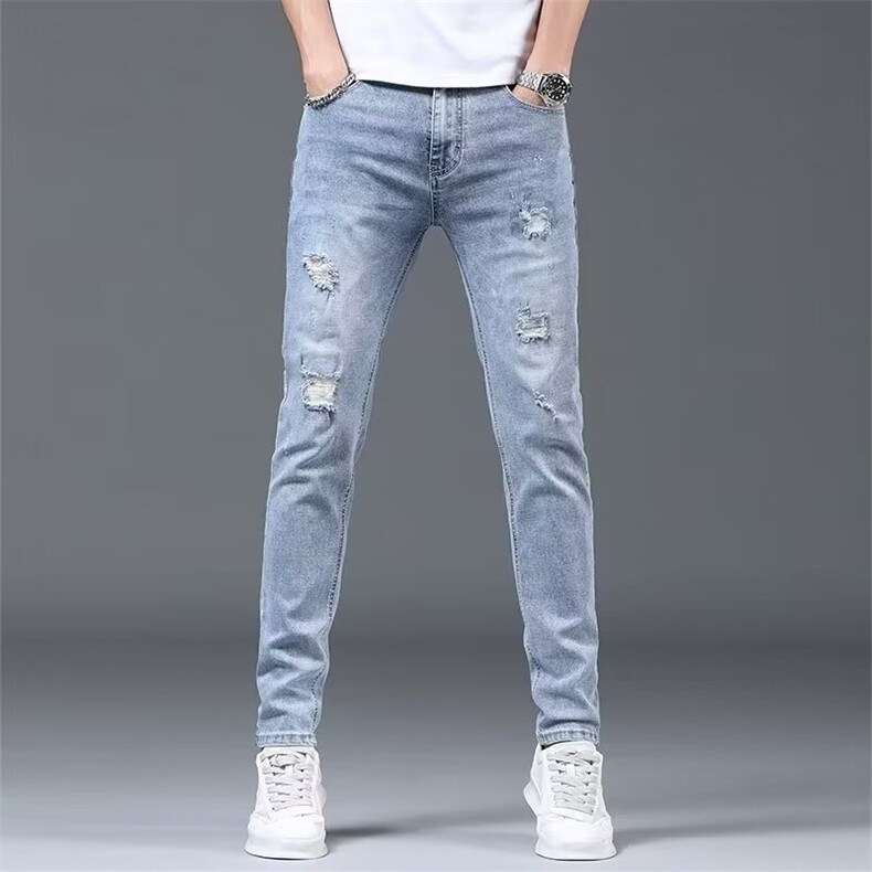 1506-1/KA971/P40夏季薄款破洞牛仔裤男潮牌修身弹力小脚百搭裤子图片