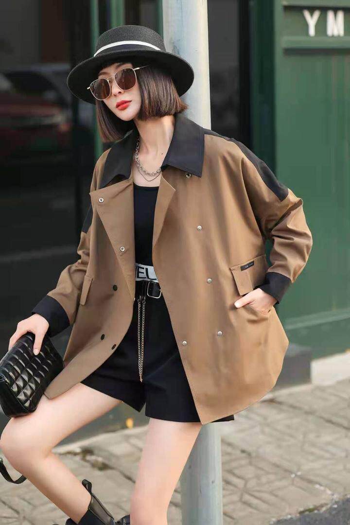 撞色拍接风衣外套，女装风衣，简妮依魅