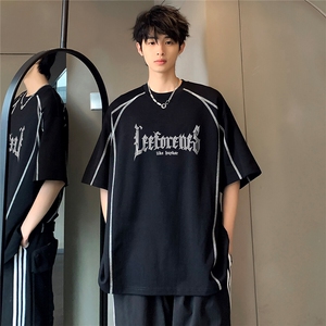 男女同款明线休闲高级时尚潮牌复古创意个性宽松短袖T恤T342-P38图片