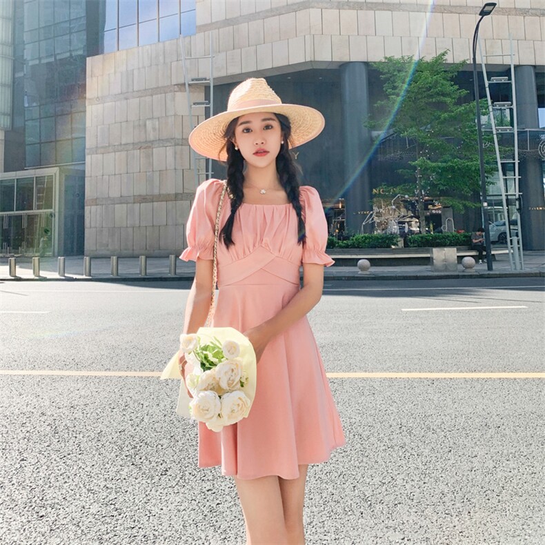 甜美风粉色连衣裙女2025夏季新款韩系少女感小个子收腰显瘦a字裙，女装连衣裙，帛香坊