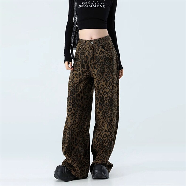 豹纹阔腿牛仔裤女美式复古高腰显瘦宽松直筒拖地裤N117-P47，男装牛仔裤，星座208-5