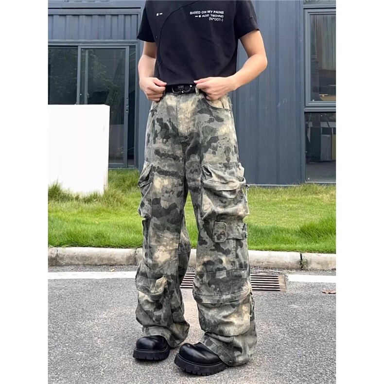 美式复古迷雾多口袋晕染迷彩裤男女宽松直筒休闲工装裤AM756 P78图片