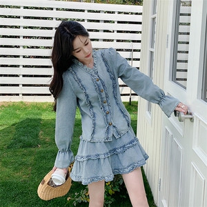 木耳边拼接减龄牛仔套装女2025年春秋季新款显瘦上衣半身裙两件套图片