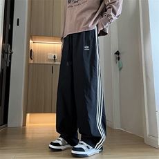冰丝裤子男夏季薄款潮牌宽松三条杠直筒阔腿裤潮流休闲凉感运动裤，男装休闲裤，星座308B-1