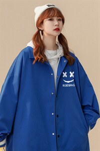 中性风  秋季宽松休闲棒球服纯色笑脸情侣外套女G6720 P65控78图片