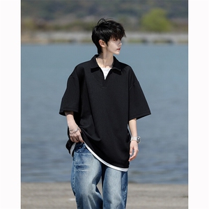 8XL-M假两件V领短袖t恤男夏翻领半袖宽松重磅华夫格大码DT001P40图片