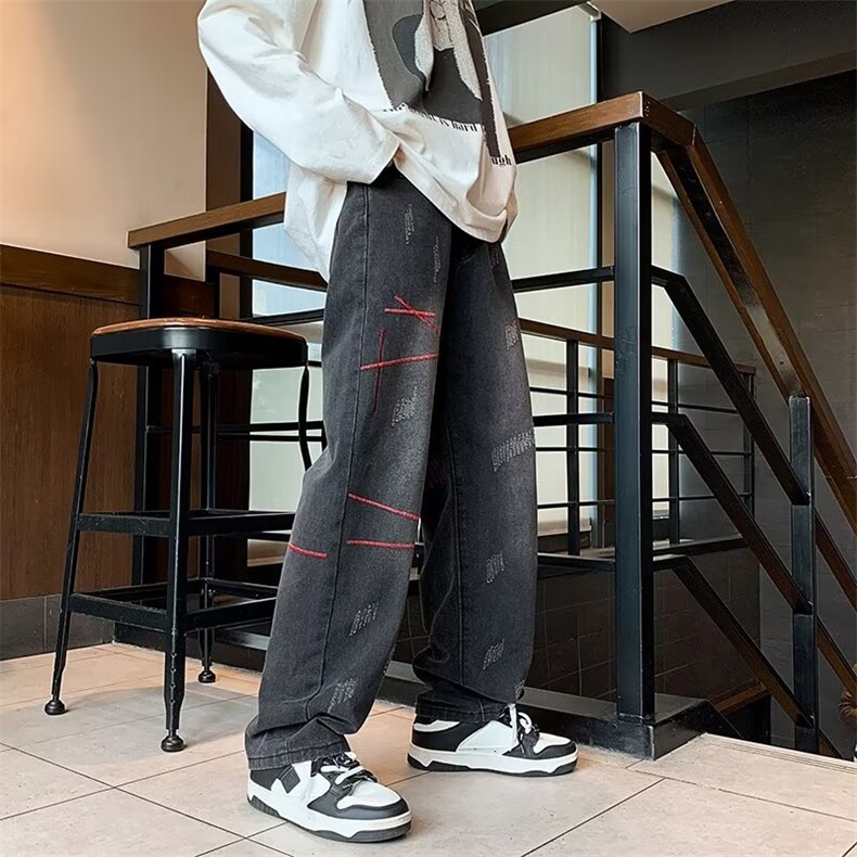 刺绣欧美式复古牛仔裤潮ins女直筒宽松高街裤子男百搭NK1033-P43,男装牛仔裤,星座1008-1