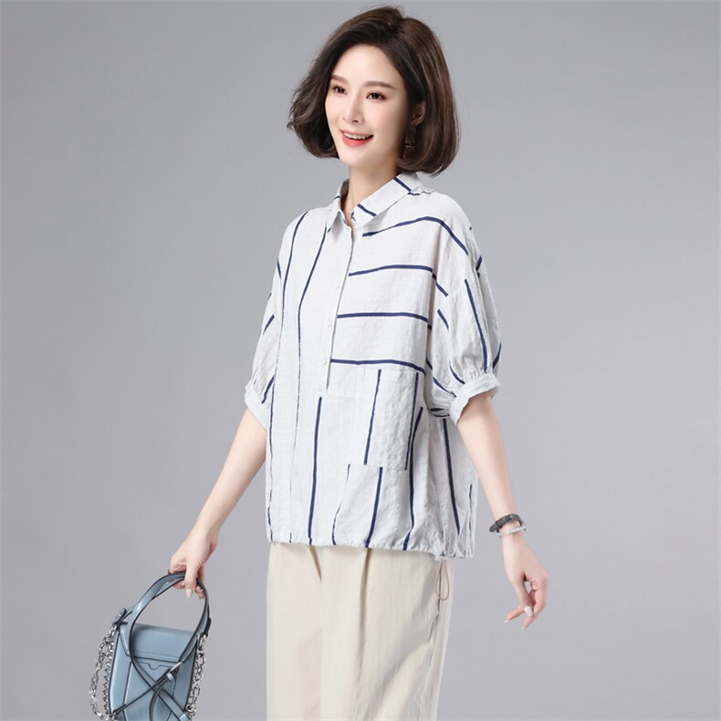 条纹衬衫女纯棉2022年新款夏季宽松薄款衬衣时尚妈妈设计感上衣潮,女装衬衫,奕阳依阁