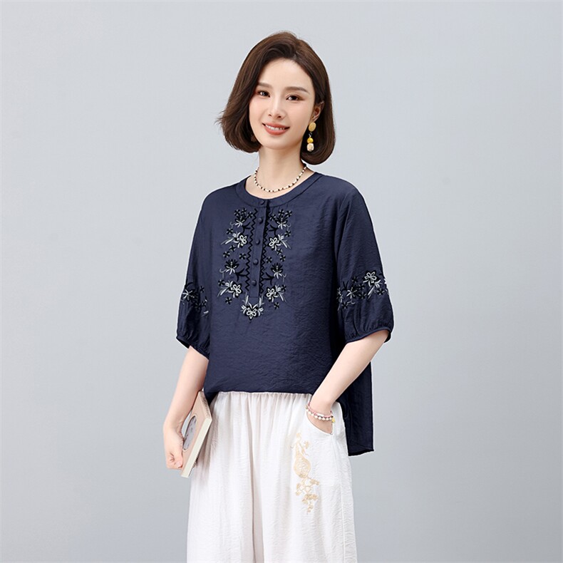 高端时尚妈妈装苎麻女2025夏季新款洋气刺绣衬衫休闲裤,女装衬衫,凝聚力