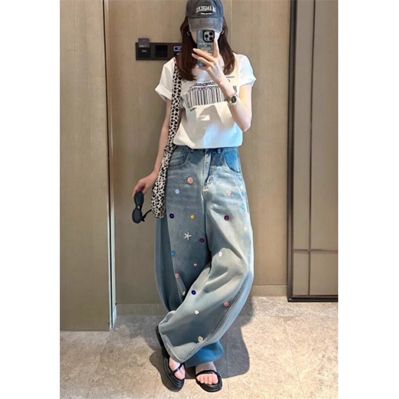 WE1649-P65设计感重工碎钻高腰微喇叭牛仔裤女夏季复古修身,男装牛仔裤,电商B323A