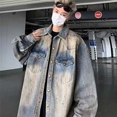 复古蓝牛仔衬衫外套男废土风外套宽松休闲春秋季衬衣W5860-P67，男装衬衫，星座412-2
