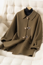 秋冬新款绵羊毛双面呢大衣牛角扣中长款女士宽松外套，女装双面呢大衣，温鑫双面呢