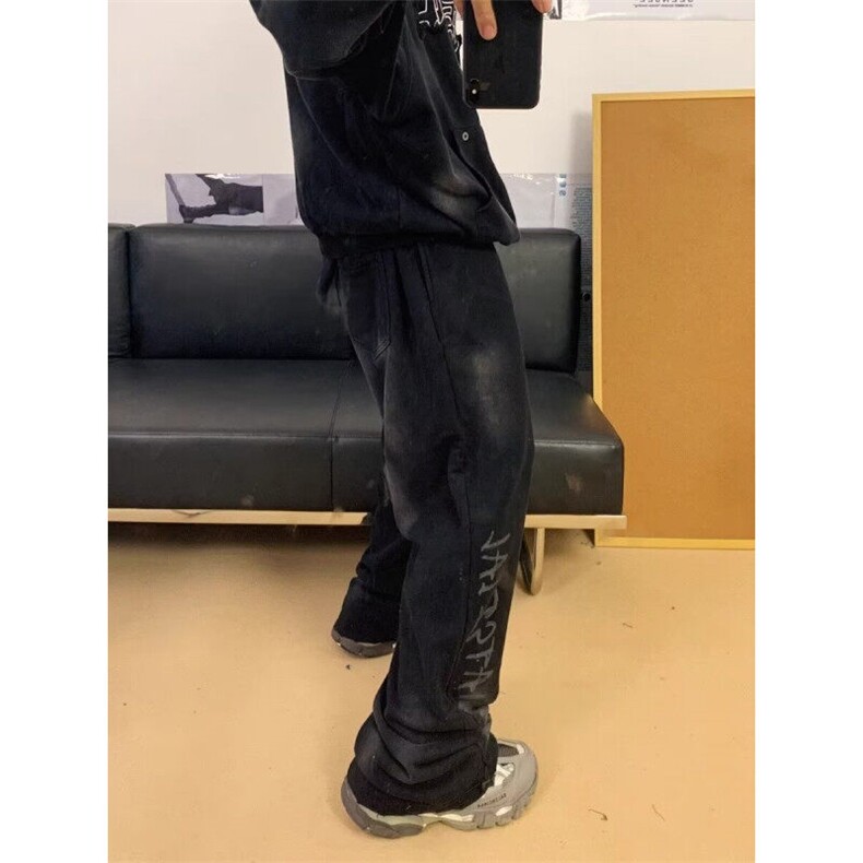 DBK28-P50春秋新款美式运动阔腿卫裤做旧水洗宽松情侣裤-网图现货,男装休闲裤,星座603-2