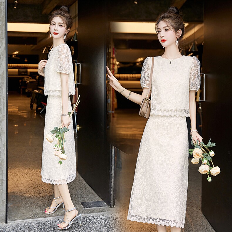 气质蕾丝套装女2025夏装贵夫人流行小个子轻奢高级两件套裙装，女装套装/套裙，关键词