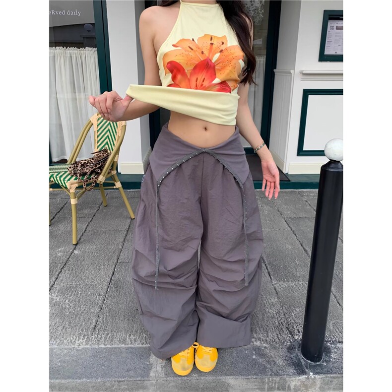 美式复古夏街头褶皱伞兵长裤子辣妹烫钻阔腿裤女百搭新款,女装休闲裤,星座1210-1