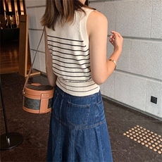2024年夏季时尚无袖百搭圆领套头条纹短款背心，女装背心吊带，佳弈羊绒