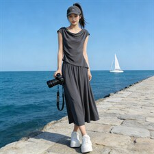 韩系深灰色时尚套装裙女夏季新款褶皱设计短袖上衣半身长裙两件套,女装套装/套裙,江南