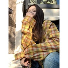 2025美式复古多巴胺黄色格子衬衫男女高街衬衣开衫长袖外套上衣，男装衬衫，星座506A