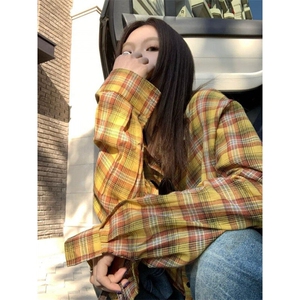 2025美式复古多巴胺黄色格子衬衫男女高街衬衣开衫长袖外套上衣图片