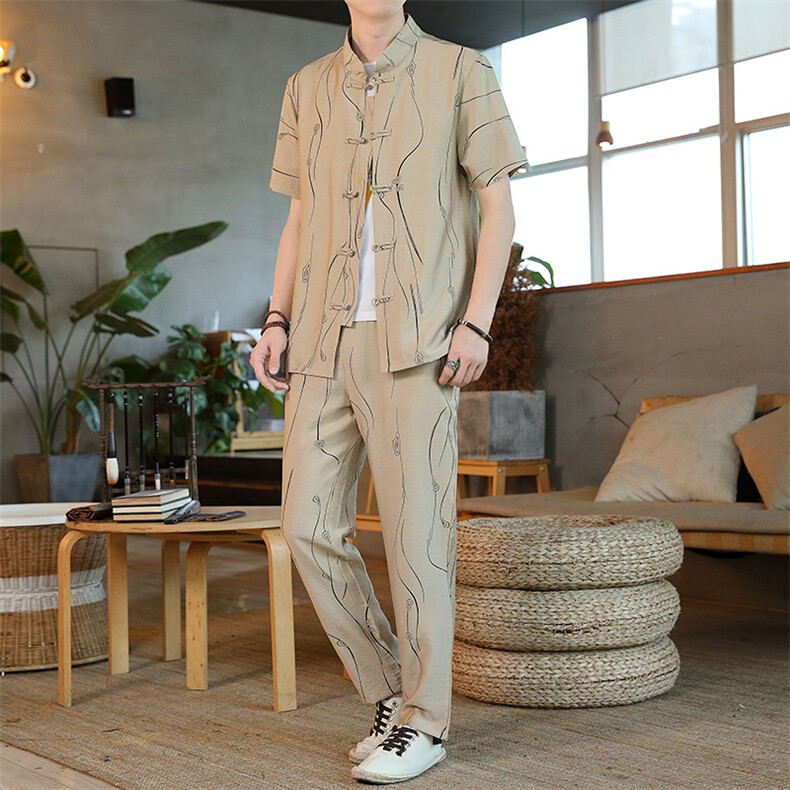 男士夏季风汉服棉麻透气舒适复古开衫唐装两件套HO6930-P65,男装民族服装,星座1105-3