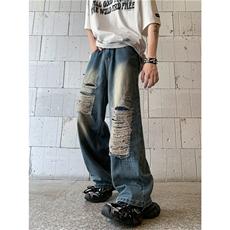 美式街头贴布破洞设计感小众牛仔裤男ins潮宽松直筒裤N01658-P50，男装牛仔裤，星座308B-1