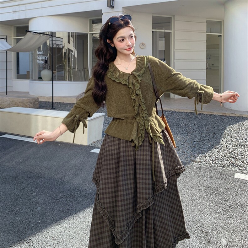 新品长袖上衣+不规则格子半身裙套装2C158-6039-P165-K268,女装套装/套裙,2C158