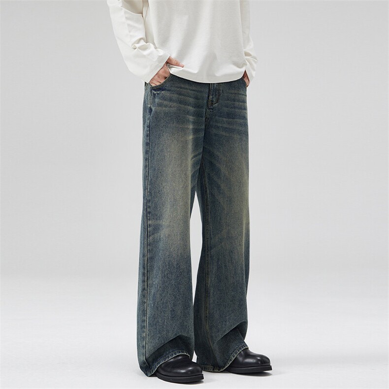 2025春夏新款松紧腰头美式复古水洗猫须牛仔裤男宽松直筒A字长裤，男装牛仔裤，星座301D-3