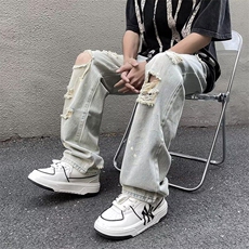破洞水洗牛仔裤男美式高街潮牌hiphop修身直筒裤子夏季E00133-p45，男装牛仔裤，星座1008