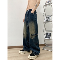 美式拉链立体设计牛仔裤男夏季小众潮牌直筒宽松水洗工装长裤，男装牛仔裤，星座410-6（原星座1304-1）
