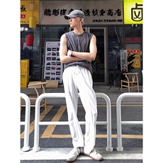 秋季高弹力宽松灰色长裤韩系百搭简约系带直筒阔腿百搭休闲卫裤，男装休闲裤，星座506A