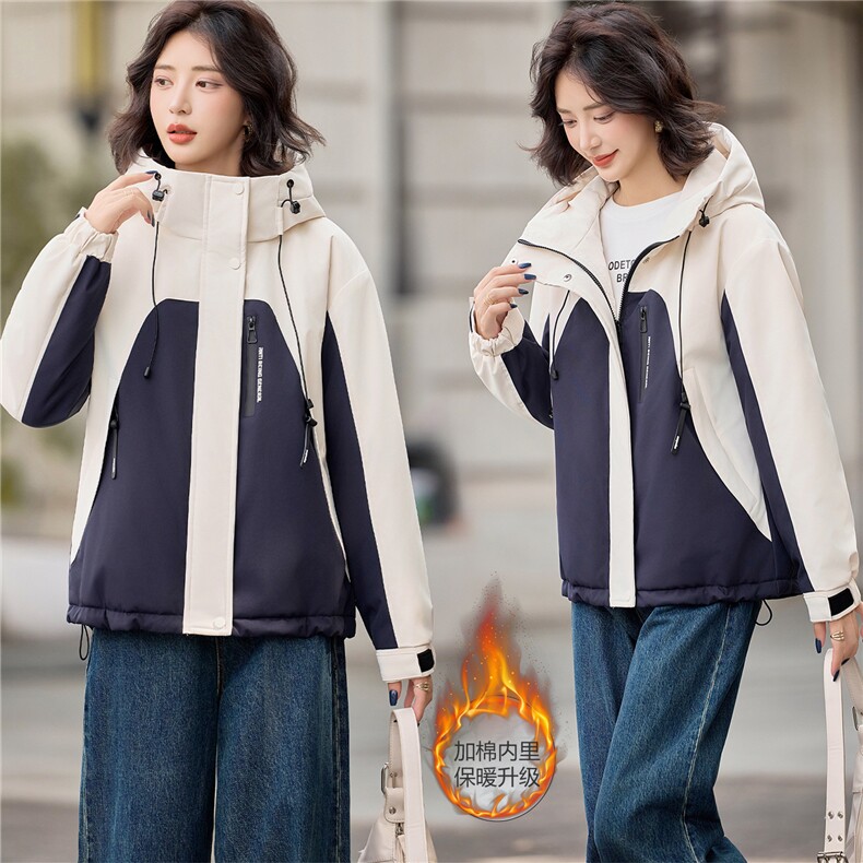 时尚拼色加棉加厚派克服外套女2025秋冬新款宽松保暖百搭连帽外套,女装棉衣/棉服,悦祺