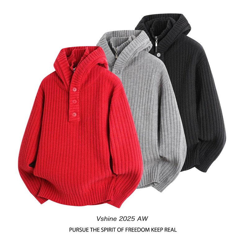 M720-P80新年红色半开衫毛衣男款冬季加厚连帽针织衫外套图片