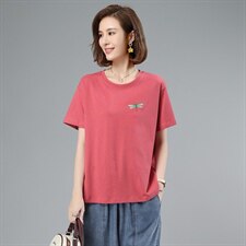 2022夏季新款简约时尚气质圆领宽松舒适休闲刺绣T恤，女装T恤，独衣靓